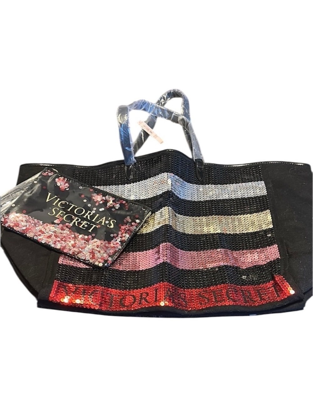 Victoria’s Secret Sequined Tote Bag & Cosmetic Pouch Set Black Pink Silver